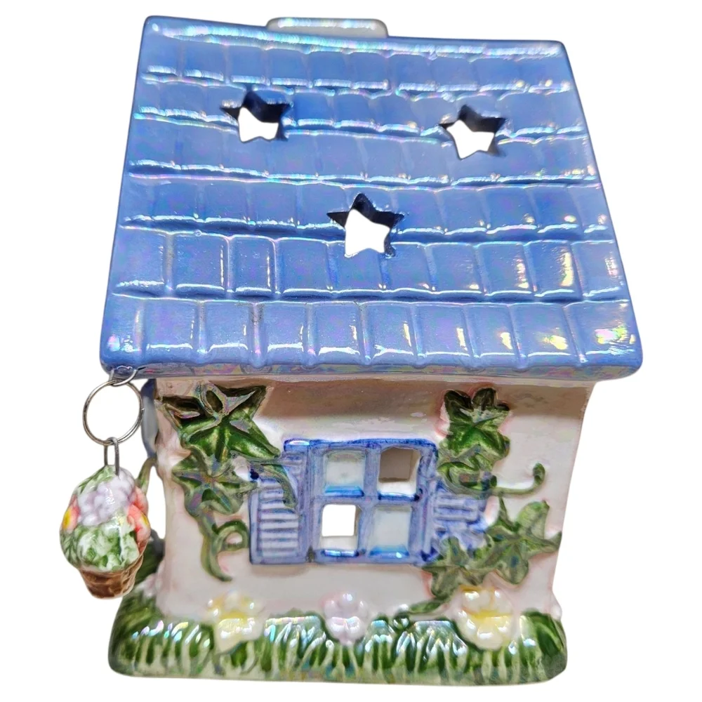 VTG Cottagecore Ceramic Candle Holder Treasured Times Hanging Basket & Bird READ